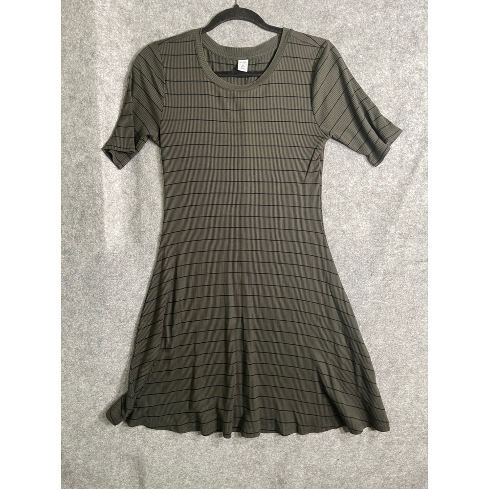 Old Navy Womens Medium Petite Olive Green Black Striped Ribbed Fit Flare Dress